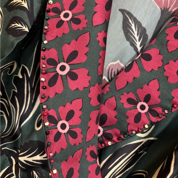 FARM RIO. Floral beaded WRAP DRESS mini length Green/wine print LONG SLEEVE s - Picture 4 of 8